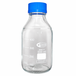 frasco graduado con tapa azul a rosca azul, 500 ml, glassco